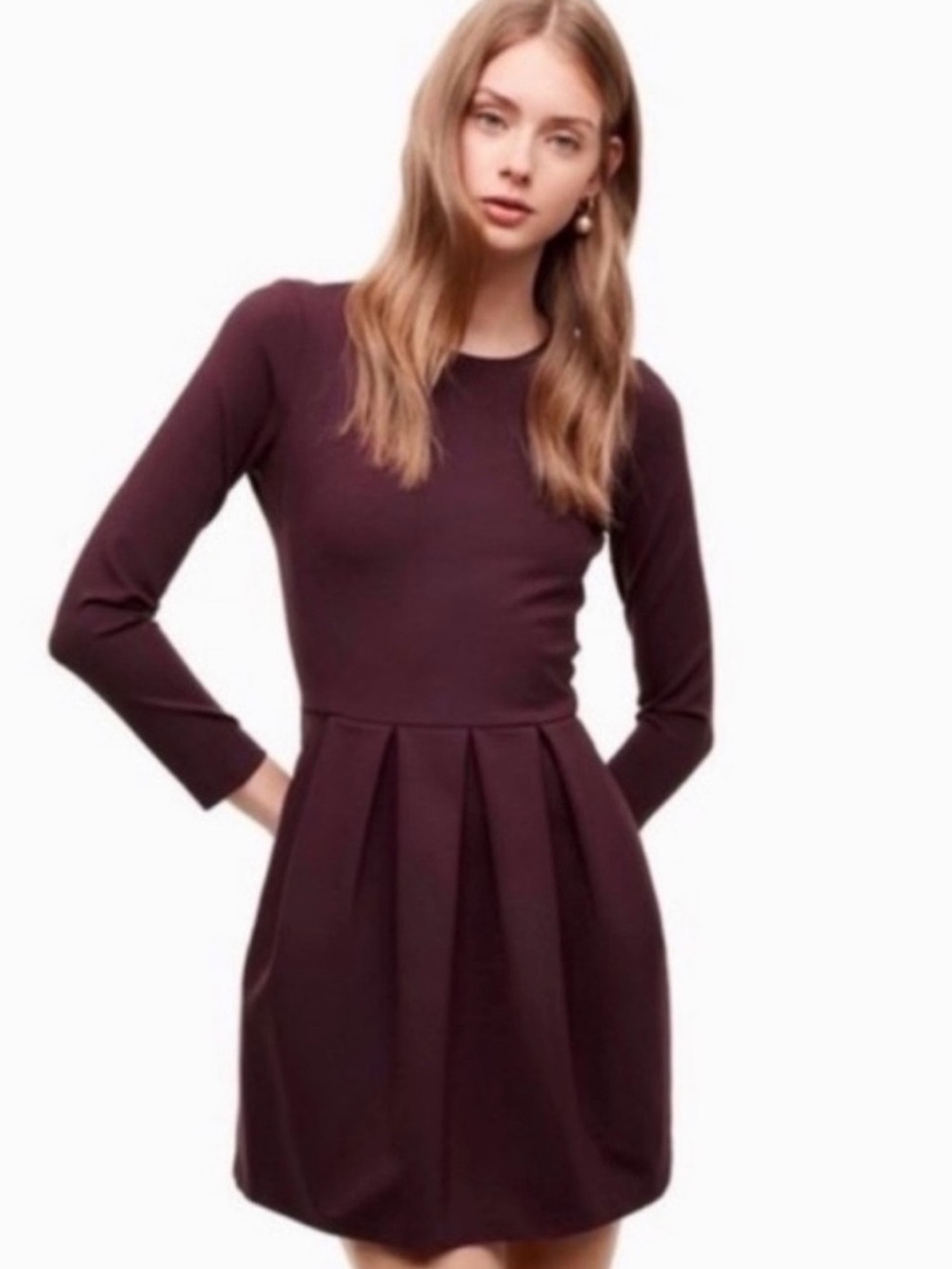 ARITZIA TALULA Long Sleeve Scoop-Neck Deep Burgundy Skater Dress